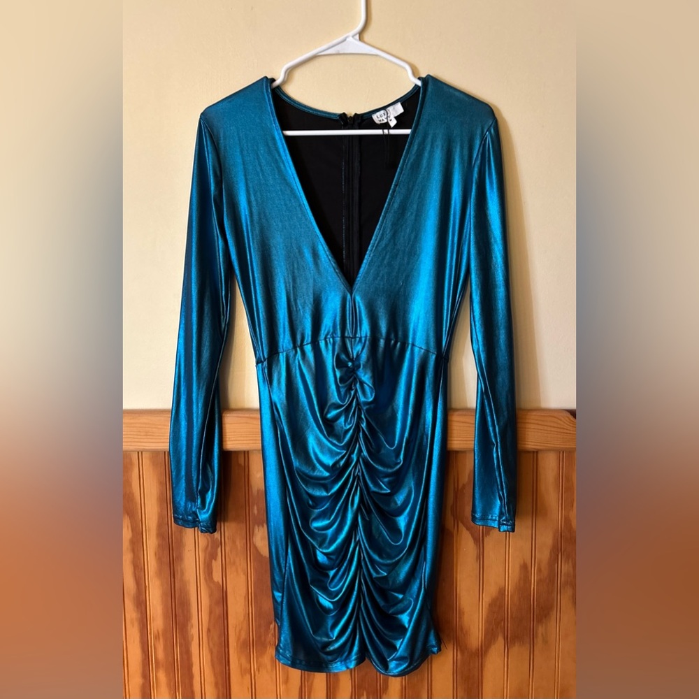 LUX WAVE Long Sleeve Metallic Teal Party Dress